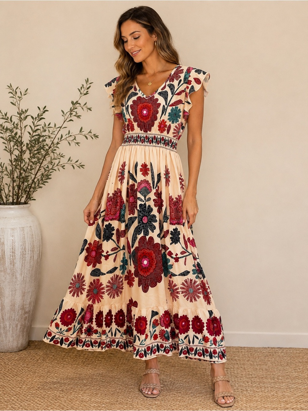 Women’s Large Boho Floral Maxi Dress Flutter Sleeve Smocked Waist Cottagecore